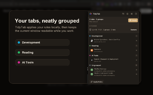 TidyTab :: Automatic tab groups, window stash, and command search for Chrome tabs.