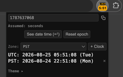 UTC Clock & Epoch Converter :: Show UTC time in your toolbar, convert Unix timestamps, and track multiple timezones at a glance.