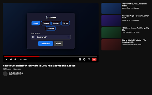 Dubbing.uz :: Adds Uzbek audio dubbing to YouTube videos. Click UZ in the player, pick a voice, and hear the video dubbed in Uzbek in real time.