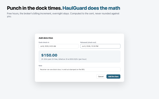 Detention & Accessorial Pay Tracker - HaulGuard :: Stop leaving detention pay on the table. Track detention, TONU, and lumper fees, and claim every dollar before the window closes.