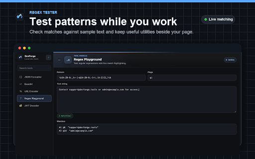 DevForge :: Format JSON, decode JWTs, compare text, convert timestamps, generate IDs and hashes, and encode Base64 or URLs locally.