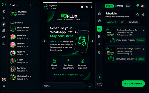 ZAFLUX STATUS for WhatsApp Web :: Create, schedule and publish WhatsApp Status directly from WhatsApp Web.