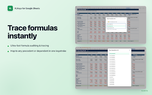 XLKeys - Excel Shortcuts for Google Sheets :: Bring Excel keyboard shortcuts, formula auditing, Goal Seek, Sensitivity Tables, and formatting tools to Google Sheets.