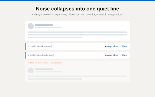 Feed Cleaner for LinkedIn :: Filters feed noise and optional outside-network posts from your LinkedIn feed, entirely locally.