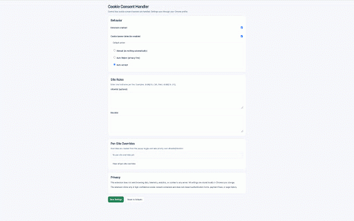 Cookie Consent Handler :: Automatically handles cookie consent banners based on your explicit preference: Accept, Reject, or Manual.