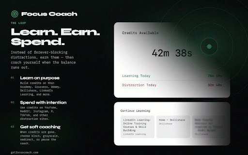 Focus Coach :: Earn your distractions through learning. A behavioral coach for intentional browsing.