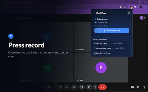 MeetWave: AI Meeting Assistant & Recorder :: Records the audio of Google Meet, Teams and Zoom Web calls, then turns it into AI meeting notes, summaries and action items.