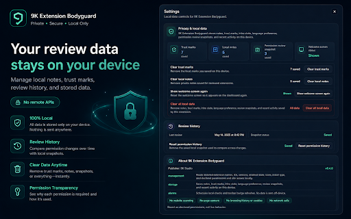 9K Extension Bodyguard :: Review installed Chrome extensions locally and understand declared permissions and access changes.