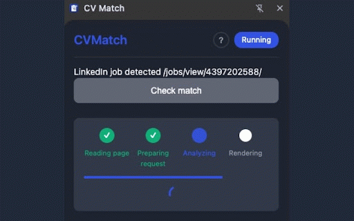 CV Match :: Tailor your CV to any LinkedIn job: read the JD, get match %, missing skills, edit tips, and export a polished .docx.