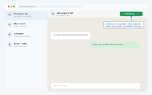 Follow-Up Pro for WhatsApp Web :: Never forget to follow up. Set reminders on your own WhatsApp Web chats and send them at a time you choose.