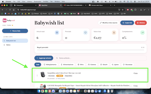 BabyWish :: Aggiungi alla tua lista regali BabyWish il prodotto che stai guardando, con un click.