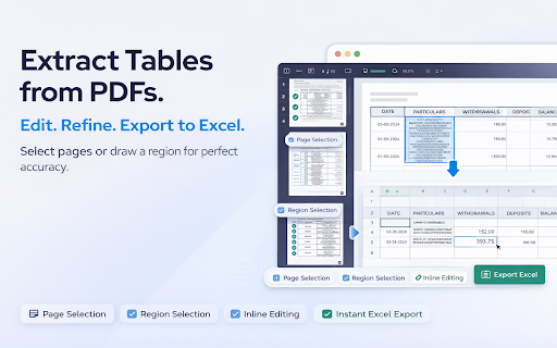 Convert PDF to Excel. Extract PDF Tables to XLS :: Convert PDF to Excel. PDF to XLS converter. Convert entire page or select specific tables with inline edit and preview.