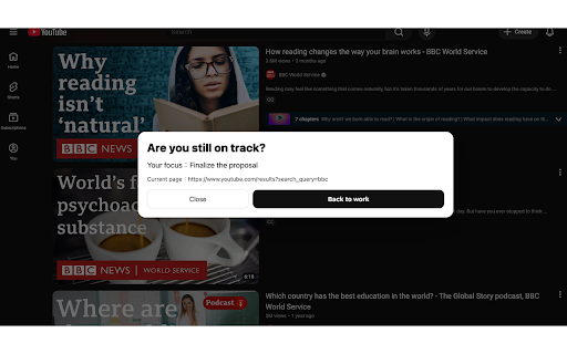 FocusSnap :: Shows a central warning when you stay too long on distracting websites.
