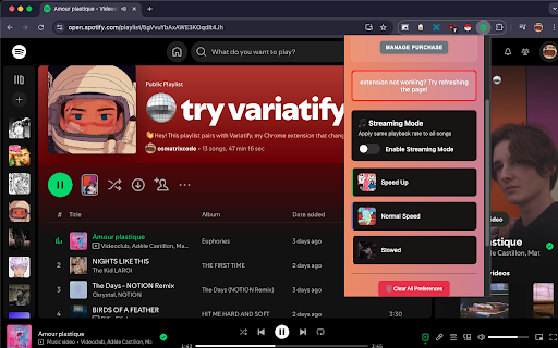 Variatify - Spotify Extension that remembers how fast you like each song. :: With Variatify, you can speed up or slow down any Spotify song — and it’ll remember your settings next time you play it.