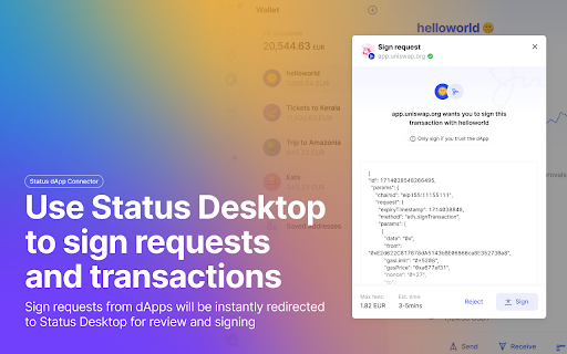 A wallet connector by Status :: Status Desktop Wallet extended to decentralised applications in your browser.