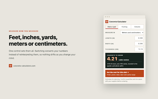 Concrete Calculator: Yards for Any Pour :: Cubic yards for a slab, footing or column, waste included and rounded to the quarter yard plants actually sell. Works offline.