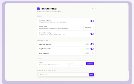 NoneCap — hCaptcha Auto Solver :: Automatically solves hCaptcha challenges in your browser using the NoneCap API.