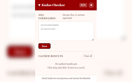 AO3 Kudos Checker :: Check whether you've left kudos on AO3 works — even while logged out.(Need to log in to view locked fics though)