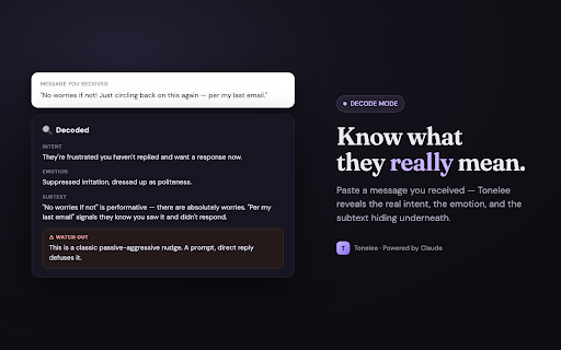 Tonelee :: Real-time tone translator. Fix passive-aggressive emails, soften harsh messages, and sound professional — instantly.