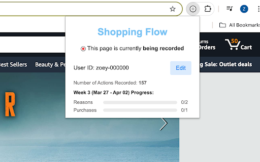 ShoppingFlow: Research Tool for Online Shopping :: Record your clicks, scrolls, and navigation on Amazon websites to support research aimed at improving shopping experiences.