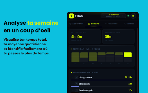 Flowly Tracker – Optimise ton temps :: Analyse ton temps, découvre où tu passes tes journées et booste ta productivité avec des graphiques clairs.