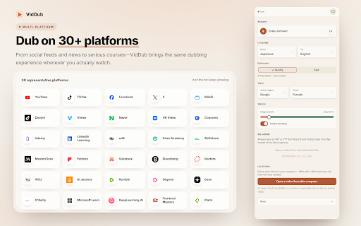 VidDub — Video Dubbing, Translate & Dub :: Real-time AI dubbing across many video platforms and your own files. It reads the topic first, so terminology stays correct.