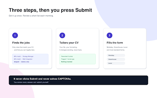 job-hunter co-pilot :: Capture a job, get a truthful tailored CV + cover letter, and autofill the application form. You always click submit.
