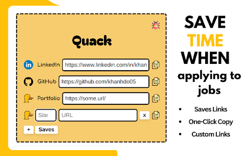quack :: Quickly copy-paste GitHub, LinkedIn, and portfolio links for job applications using Quack.
