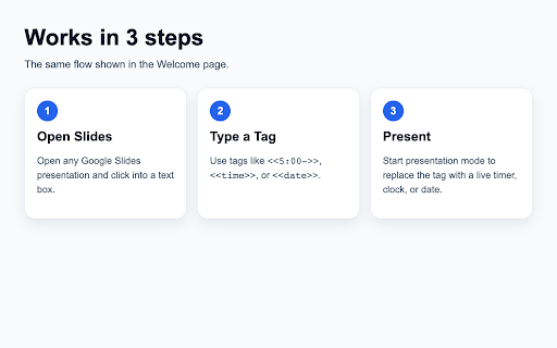 Slides Timer for Google Slides :: Add countdown timers, stopwatches, clocks, and dates to Google Slides. No account needed and no premium paywall.