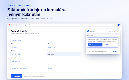 eFirma - vyplniť údaje o firme :: Nájdite firmu a presuňte jej IČO, IČ DPH, názov a adresu priamo do formulára na akejkoľvek stránke.