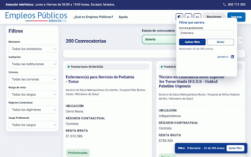 Filtro por Carrera — Empleos Públicos :: Filtra los avisos de empleospublicos.cl por carrera profesional usando la clasificación del portal GovLab.