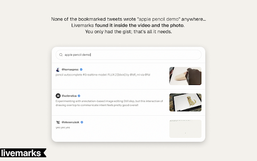Livemarks :: Livemarks turns your X bookmarks into a searchable, private library.
Bookmark something on X, then actually find it again — search…