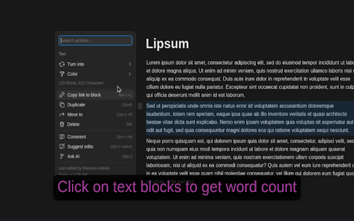 Notion Word & Character Count :: Adds a word and character count to Notion's block selection popup.