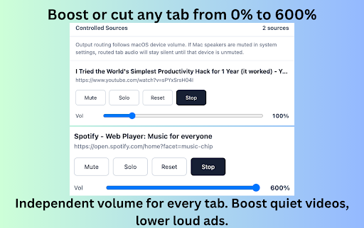 Tab Volume Mixer :: Control the playback volume of multiple browser tabs from one options page.
