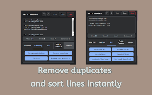 Text Manipulator :: Save text snippets from any page. Clean duplicates, sort lines, extract columns, regex find-replace. Built-in text library.