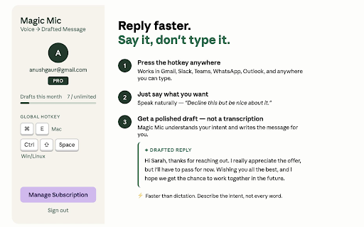 Magic Mic :: Global hotkey voice input → AI-drafted reply, anywhere