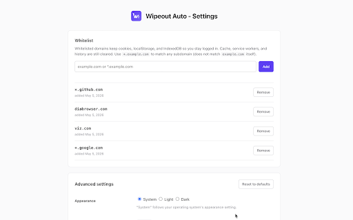 Wipeout Auto :: Auto-clear cookies, storage, cache, and history when you leave a site. Whitelist domains to stay logged in.