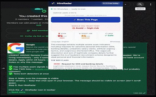 HireRadar – AI Job Scam & Ghost Job Detector :: Spot job scams, ghost jobs, and dangerous links instantly. AI-powered analysis on LinkedIn, Indeed, WhatsApp, and more.
