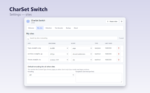 CharSet Switch :: Fix garbled text: switch the character encoding a web page is decoded with, with offline auto-detection.