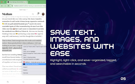 Second Brain :: Save ChatGPT responses, text, images, screenshots, and URLs to Second Brain.