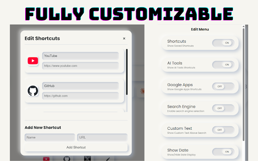 Neumorphism NewTab :: A beautiful new tab page with neumorphic design, featuring customizable shortcuts, clock, bookmarks, and more