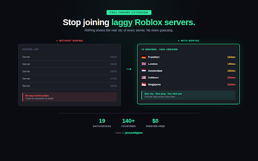 RoPing :: Find the best Roblox servers with verified locations. Shows real city, ping, FPS, lag, friends, and lets you join instantly.