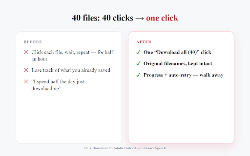 Bulk Download for Adobe Podcast — Enhance Speech :: Download all your enhanced Adobe Podcast / Enhance Speech files in one click — original filenames, progress bar, no babysitting.