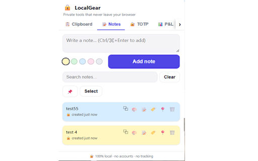 LocalGear — Private Clipboard, Notes, 2FA & Focus :: Private clipboard, encrypted notes, TOTP 2FA, P&L scenarios & a Pomodoro focus blocker — all local, nothing leaves your browser.