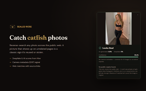 Sealed Rose — AI Image, Video & Text Detector :: Right-click any image, video, or selected text to check if it's AI-generated, a deepfake, or an LLM bot — powered by sealedrose.com.