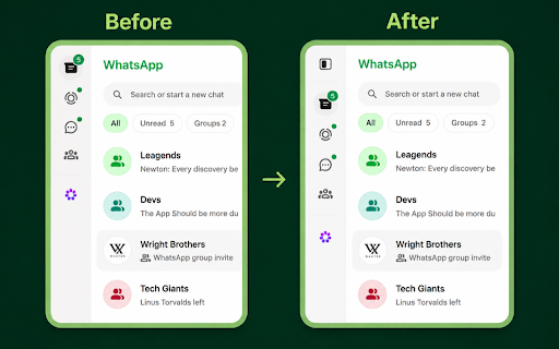 WA Web Sidebar Toggle :: Hide or show the WhatsApp Web sidebar with one click or Alt+S distraction-free chats, clean screen sharing and multi-tasking.