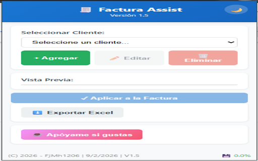 Factura Assist :: Autocompletado inteligente para facturas de Hacienda SV. Gestión de clientes, validaciones y respaldo en Excel.