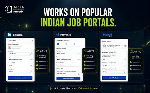 Arya by Mentoria: One-Click AI Autofill for Indian Job Portals :: Autofill job applications on LinkedIn, Internshala, Indeed, Lever and Workday using your Arya profile.