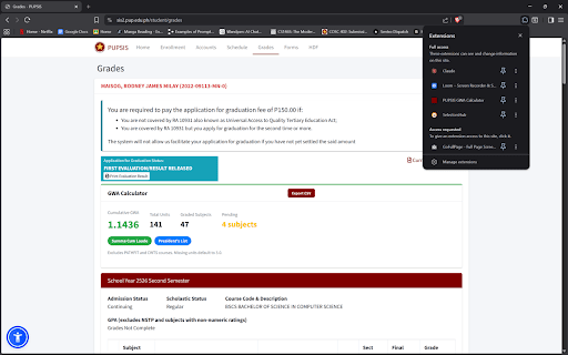 PUPSIS GWA Calculator :: Calculates your cumulative GWA from the PUPSIS grades page, excluding PATHFIT and CWTS courses.