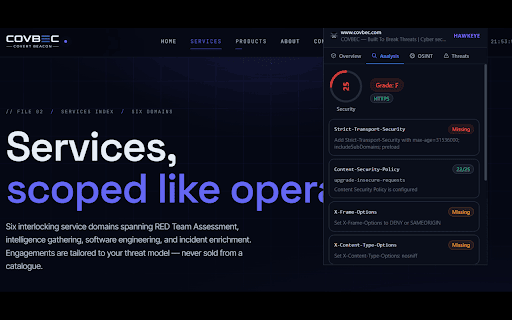 HAWKEYE Intelligence Assistant :: Investigate. Analyze. Detect. — A browser-based cybersecurity and OSINT intelligence extension by COVBEC.
